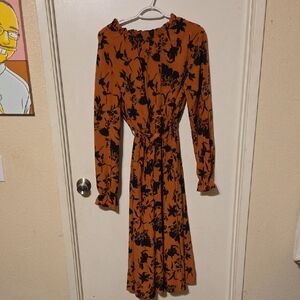 Rust With Black Floral Print Long Sleeve Dress